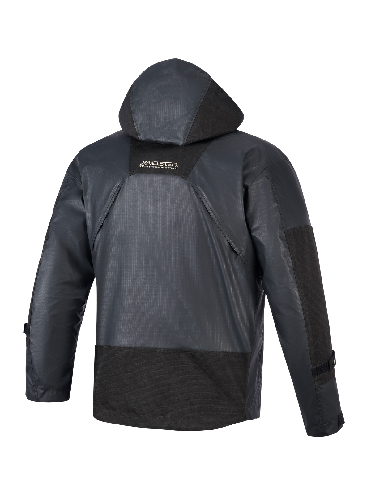 Alpinestars Mospher Wasserdichte Jacke, Motorrad-Parka, Schwarz, Rückansicht mit integrierter Kapuze und Ripstop-Gewebe-Konstruktion, MO.ST.EQ-Branding am oberen Rücken, taktisches urbanes Design für Fahrten bei jedem Wetter