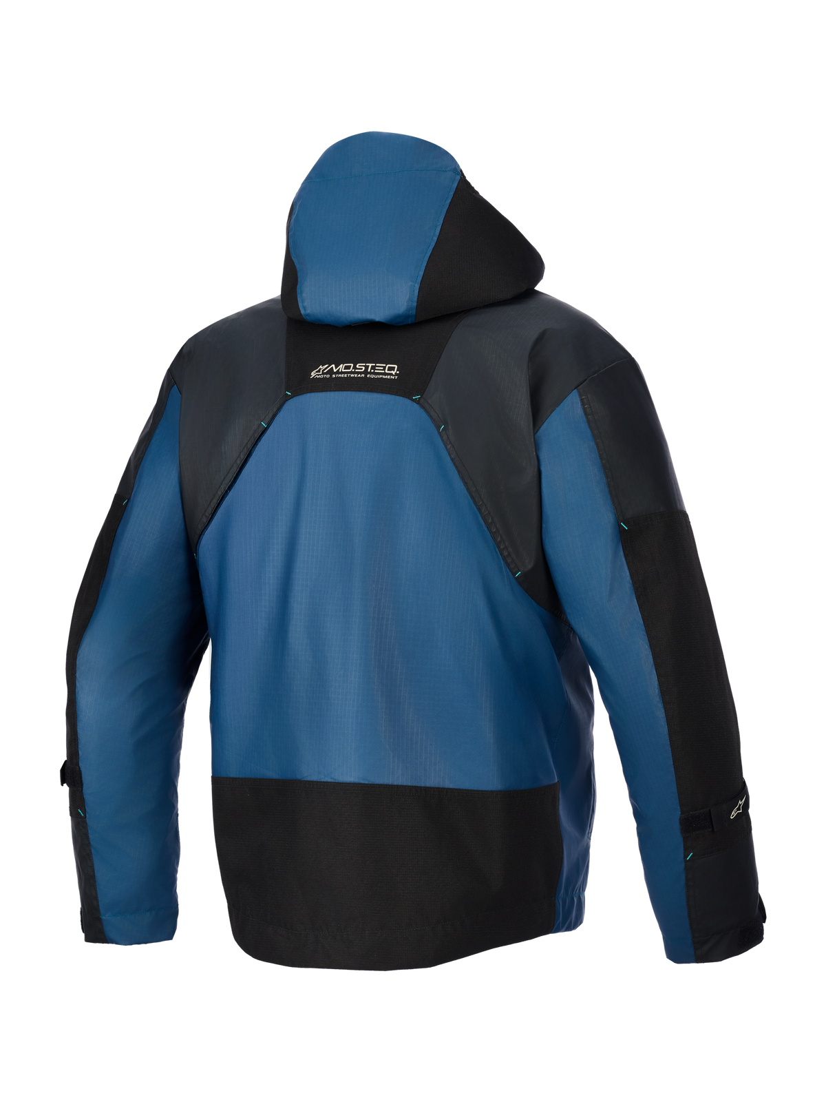 Alpinestars Mospher Waterproof Jas, achteraanzicht, zwart en donker petrol, voorzien van een beschermende capuchon, duurzame ripstop textielconstructie met zwarte versterkte delen en MO.ST.EQ.-logo op de bovenrug, waterdichte urban motorkleding