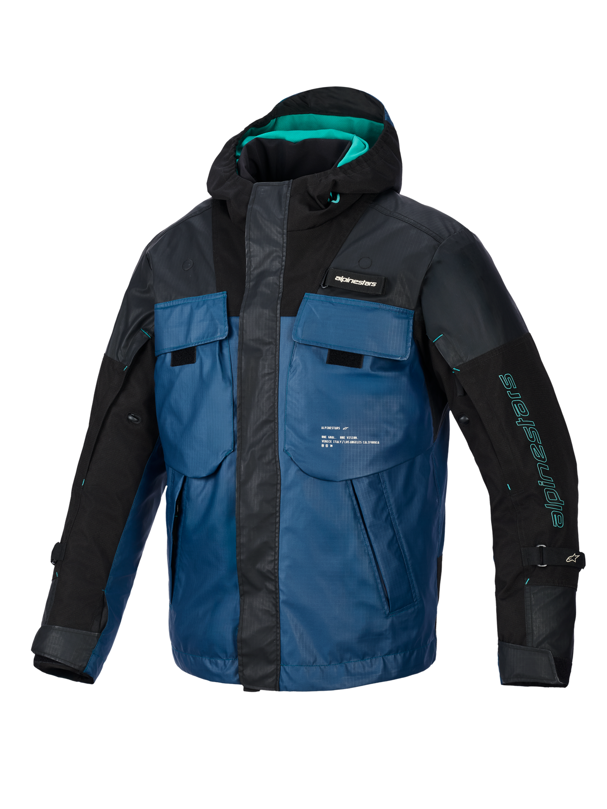 Alpinestars Mospher Waterproof Jacket, all-season motorparka, zwart en Dark Petrol met teal accenten, op tactische vesten geïnspireerd ontwerp met meerdere grote zakken, duurzame ripstop-stof en geïntegreerde capuchon voor stedelijk woon-werkverkeer