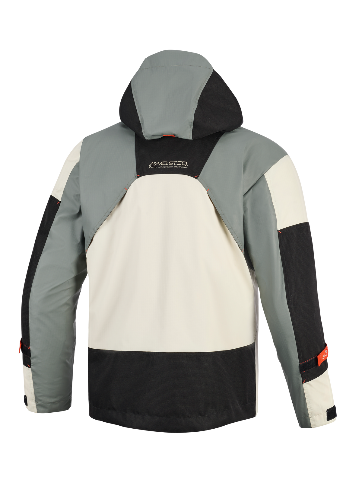 Veste imperméable Alpinestars Mospher en Fur Gray Black Ice, vue arrière, présentant un design multi-panneaux d'inspiration militaire avec des sections grises, noires et blanc glace, une capuche intégrée et le marquage MO.ST.EQ sur le haut du dos.