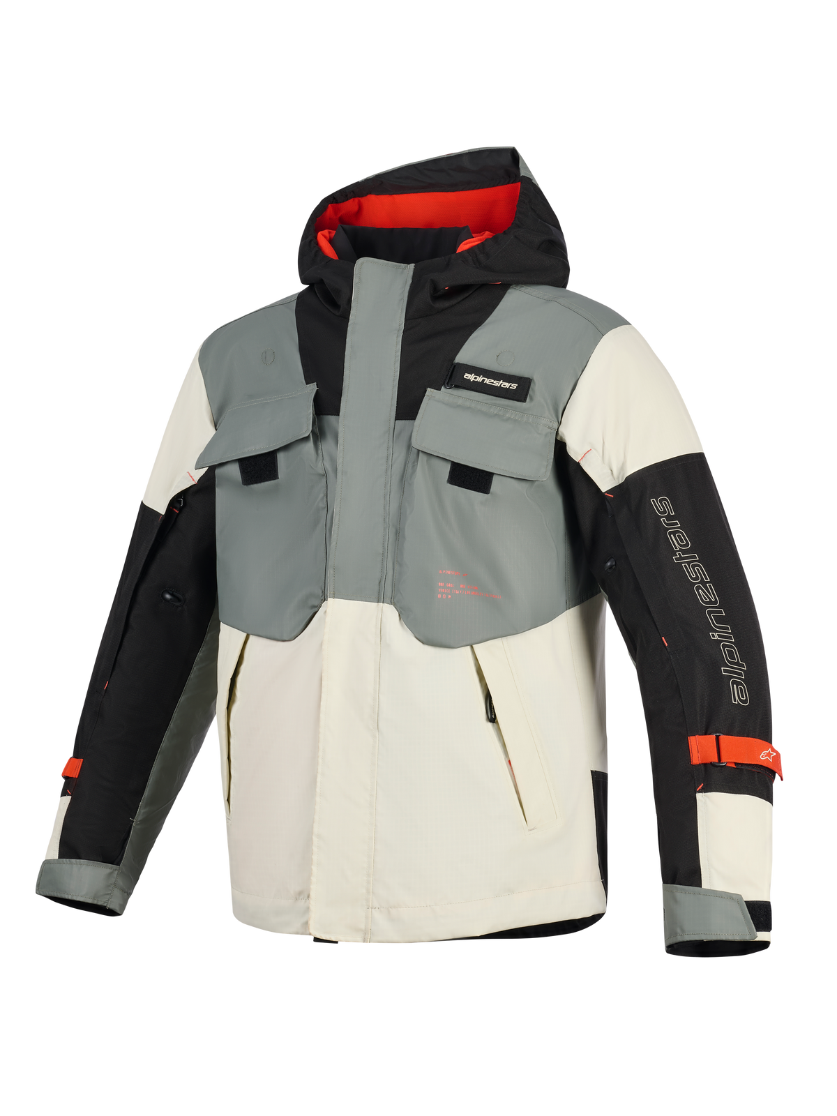 Veste imperméable Alpinestars Mospher, parka de moto, Fur Gray Black Ice, dotée d'un design tactique multi-poches, d'une silhouette à capuche avec intérieur rouge et du logo Alpinestars sur la manche