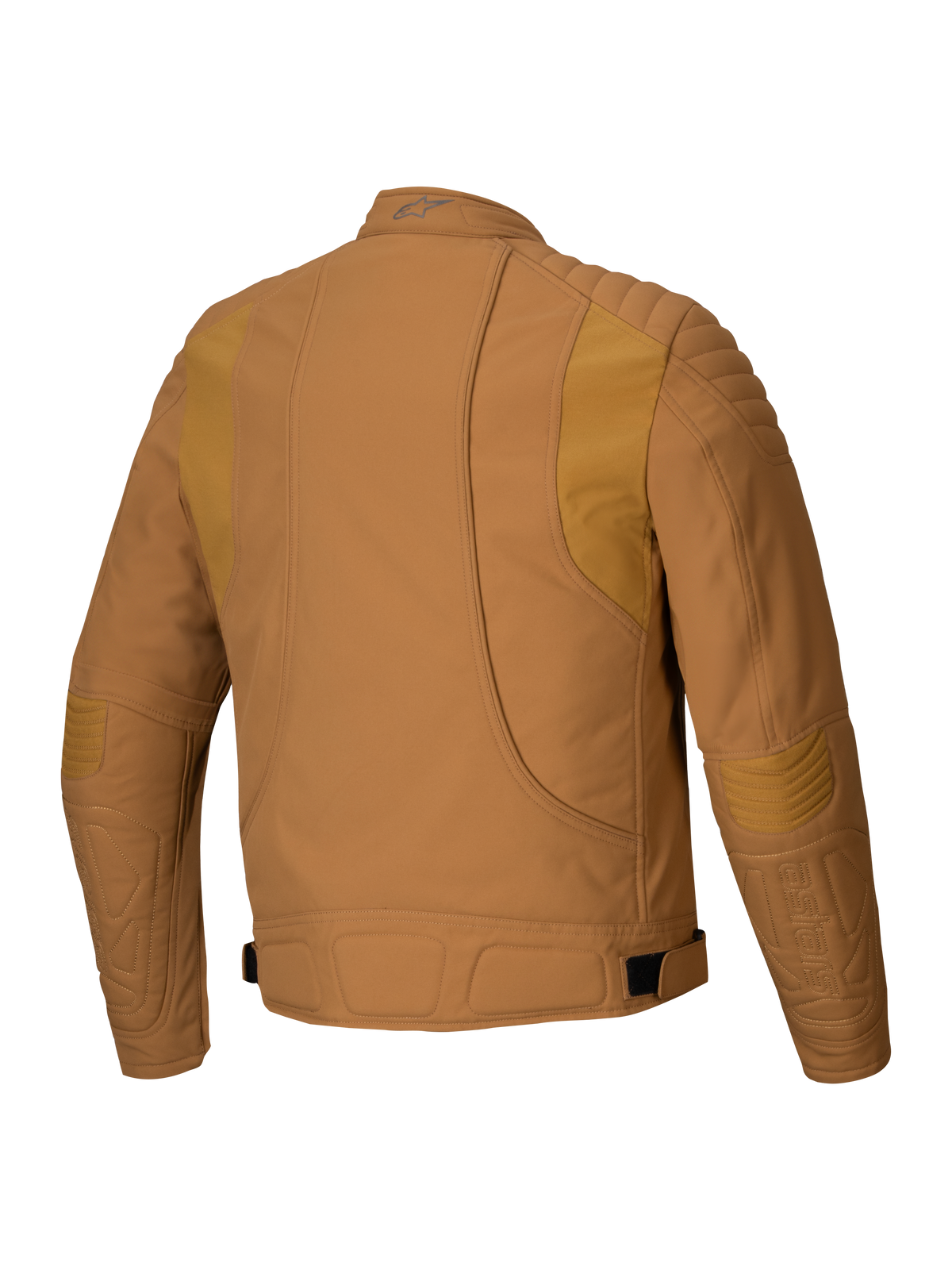 Alpinestars Clayton WR Jas, motorjas, Utility Brown Light Gold, achteraanzicht met gewatteerde vulling op de schouders en ellebogen, ergonomische gebogen lijnen en verstelbare taillebanden, stedelijke motoruitrusting