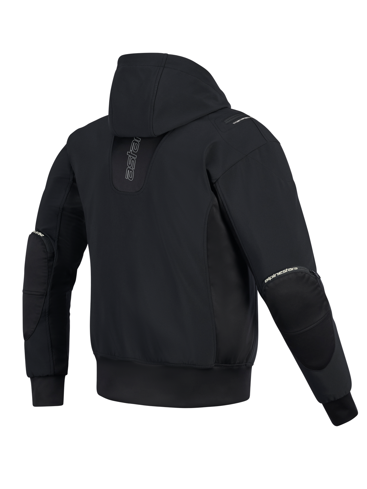 Alpinestars Moblast Wasserdichte Jacke, Rückansicht, Schwarz, urbaner Motorrad-Hoodie mit vertikalem Branding auf dem Rücken, technische Softshell- und Ripstop-Konstruktion mit fester Kapuze und externen Reißverschlüssen für Ellbogenprotektoren