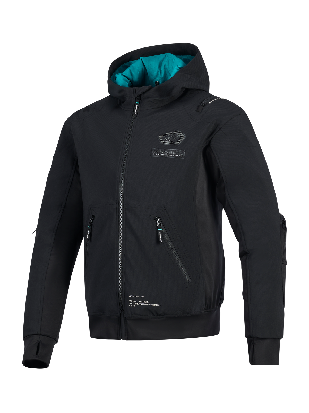 Alpinestars Moblast Wasserdichte Jacke, Schwarz mit petrolfarbenem Kapuzenfutter, technische Softshell-Motorradjacke mit 3D-Reißverschlusstaschen, integrierten Daumenlöchern und Alpinestars-Branding auf der Brust, urbane Motorradbekleidung