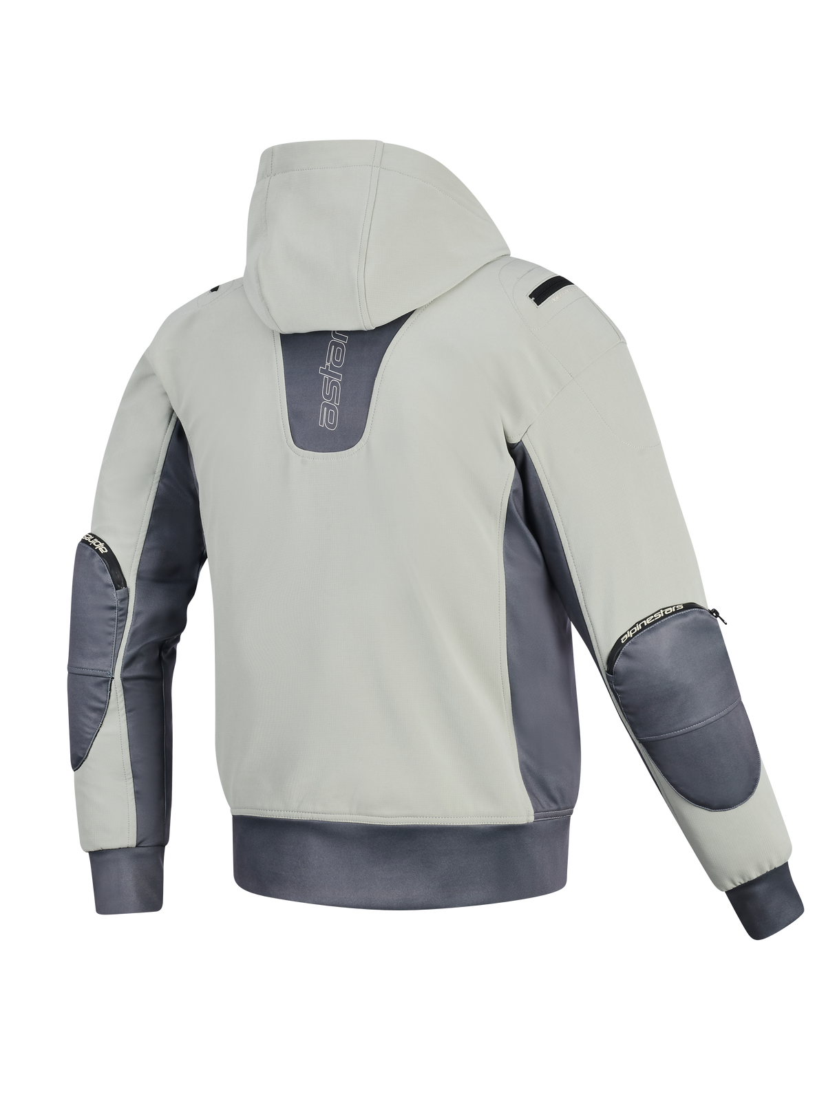 Alpinestars Moblast WP Jacke, Rückansicht, Iron Gray und Dark Sage, Motorrad-Hoodie mit hellsalbeifarbenem Korpus und dunkelgrauen Akzenten, vertikales Branding auf dem Rücken, sichtbare Reißverschlüsse für Ellbogenprotektoren und elastischer Bund