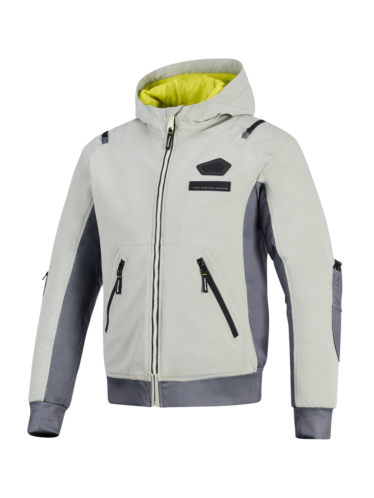 Alpinestars Moblast wasserdichte Jacke, Iron Gray und Dark Sage, Motorradjacke mit Kapuze und leuchtend gelbem Futter, hellgrauer Textilkörper mit dunkelgrauen Seitenteilen, mit wasserdichten Reißverschlüssen und Logo-Branding auf der Brust