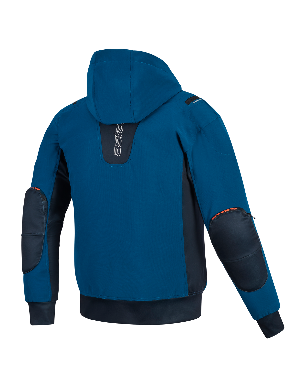 Alpinestars Moblast Waterproof Jacke, Dunkelpetrol und Dunkelnavy, Rückansicht der Motorradjacke mit Kapuze, Softshell-Konstruktion, dunkelblaue Seiteneinsätze, verstärkte Ellbogenprotektoren mit orangefarbenen Logo-Details.