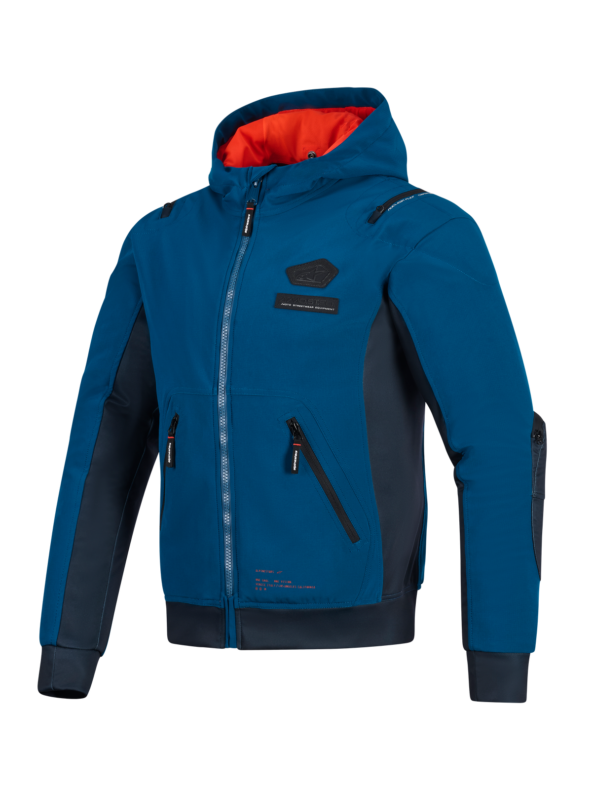 Alpinestars Moblast WP Jacke, Dark Petrol und Dark Navy Blau, urbaner Motorrad-Hoodie mit leuchtend orangefarbenem Kapuzenfutter, technischen 3D-Taschen und Softshell-Ripstop-Konstruktion für das ganzjährige Pendeln