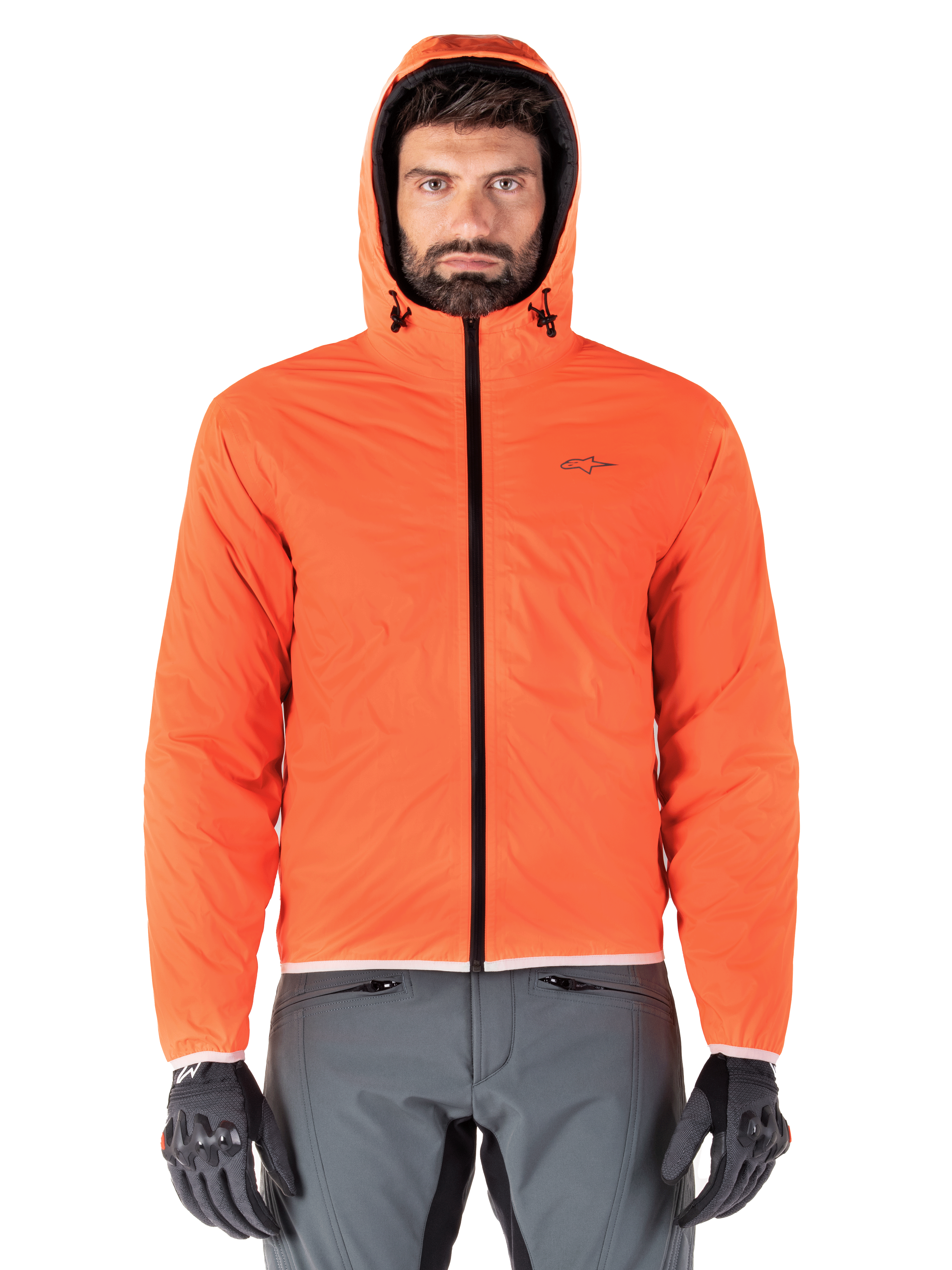 Alpinestars Mohobbs wasserdichte Jacke, gepolsterte Motorrad-Bomberjacke, Schwarz und Orange Fluo, gestepptes Design mit sturmfester Kapuze, urban-streetwear-inspirierte Fahrausrüstung