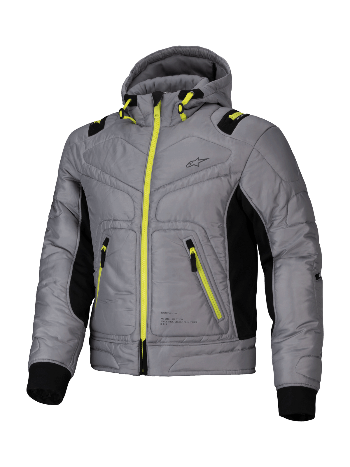Alpinestars Mohobbs waterdichte jas, heren motorbomberjack, maan grijs en limoengroen met zwarte accenten, CE-gecertificeerd met Nucleon Flex Plus-bescherming en capuchon