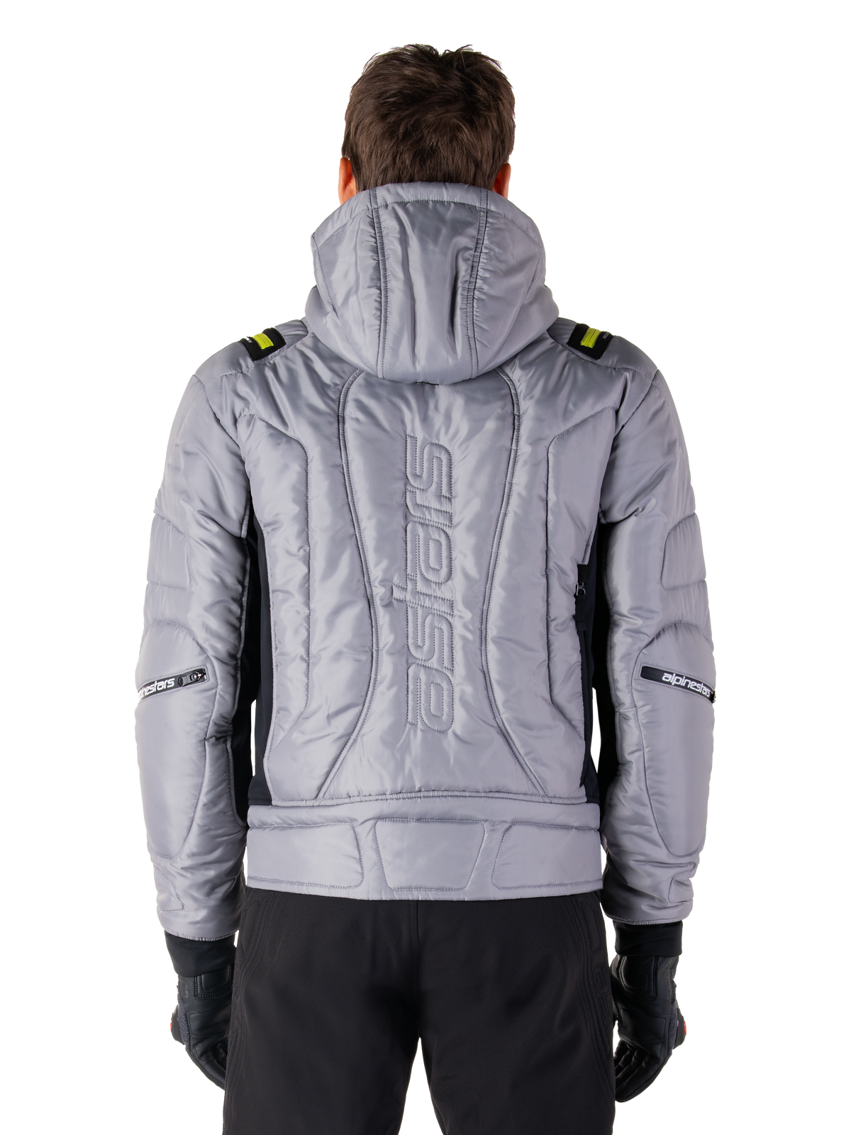 Alpinestars Mohobbs Waterproof Jacket, achteraanzicht, Lunar Gray met Lime Punch accenten, gewatteerde gevoerde constructie met verticaal astars woordmerk, bomberjack met capuchon voor motorrijden in de stad