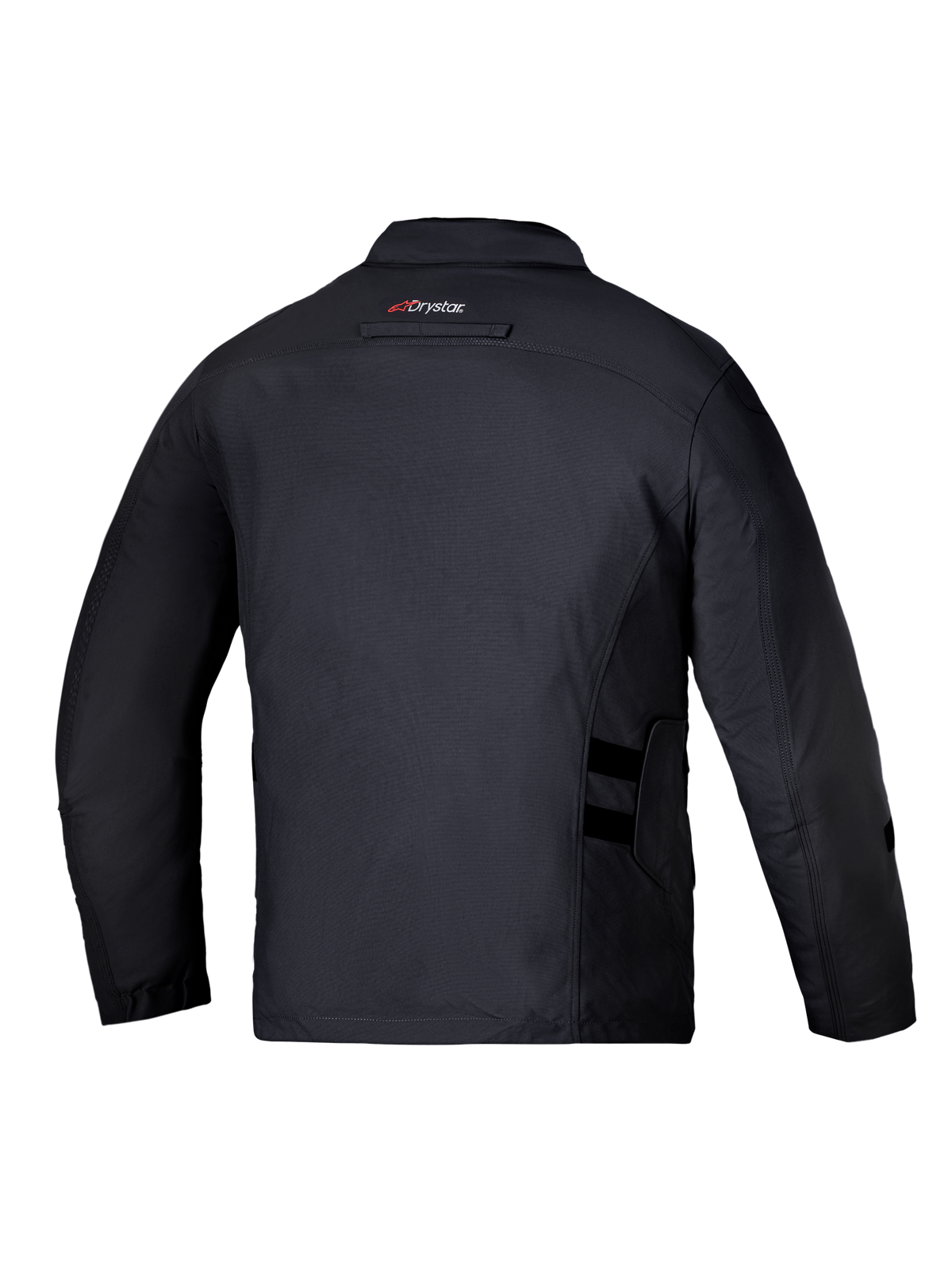 Alpinestars Altan Drystar motorjas, waterdichte herenmotorjas, achteraanzicht in zwart met Drystar-branding op de bovenkant van de rug en verstelbare details bij de taille