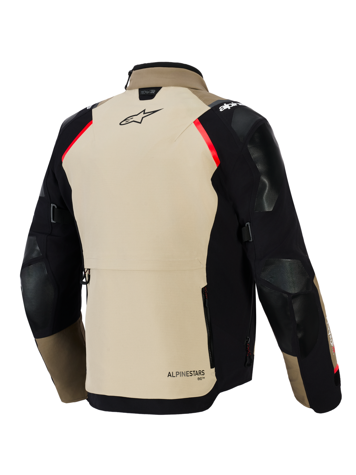 Alpinestars Andes Pro Drystar® XF jas, achteraanzicht, walnut en zwart met rode accenten, voorzien van versterkte panelen op schouders en ellebogen, grote opbergzak op de rug en Alpinestars-branding, adventure touring motorkleding