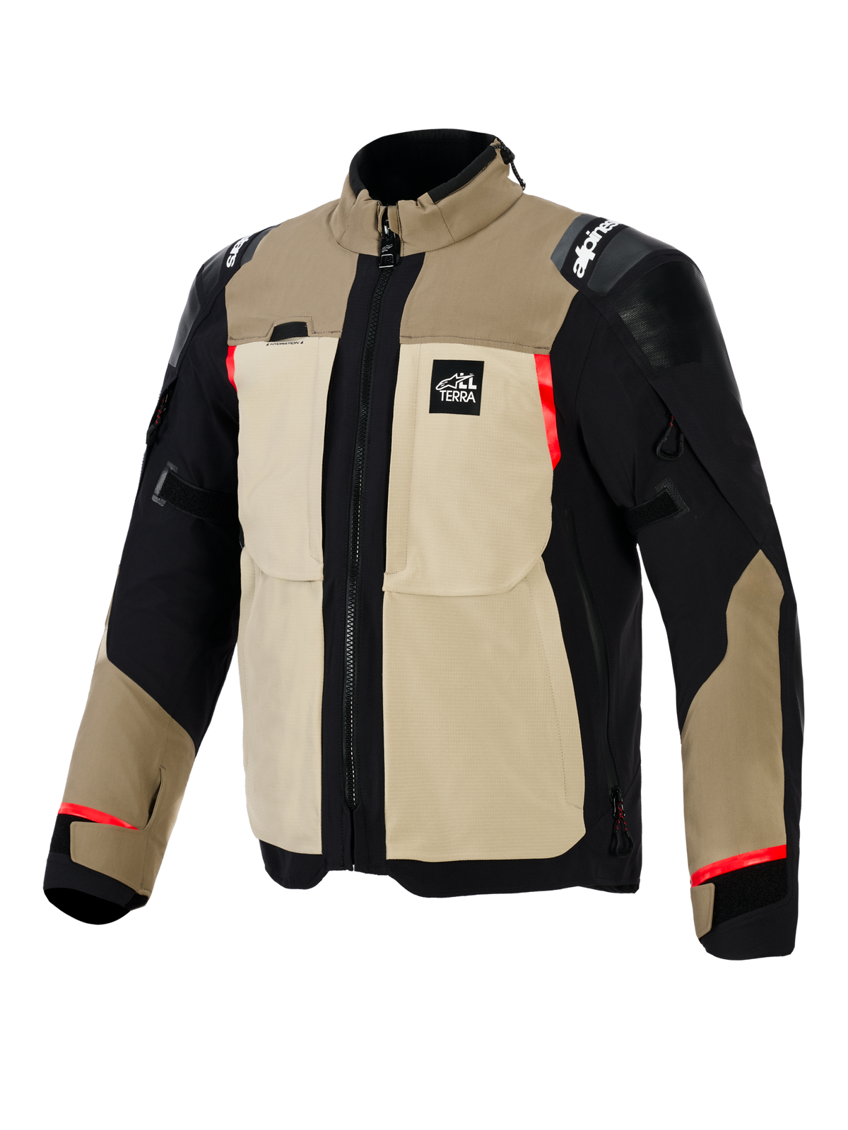 Alpinestars Andes Pro Drystar® XF jas, adventure motorjas, Walnut en Aluminum kleurstelling, beige en zwarte textielconstructie met rode accenten, voorzien van grote functionele borstzakken, 'All Terra' logo op de borst en versterkte schouderpanelen.