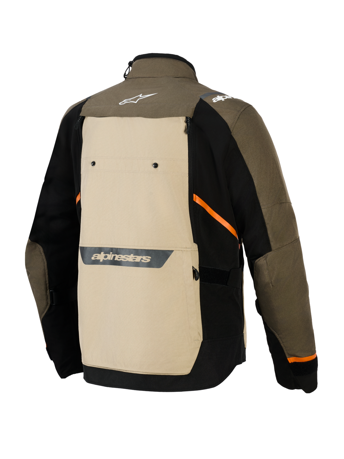 Alpinestars Cusco Drystar® Jas, achteraanzicht, Walnut Aluminum Black, textiele adventure motorjas voorzien van een groot beige rugpaneel, oranje diagonale accenten en reflecterende logo's op een bruine en zwarte basis.
