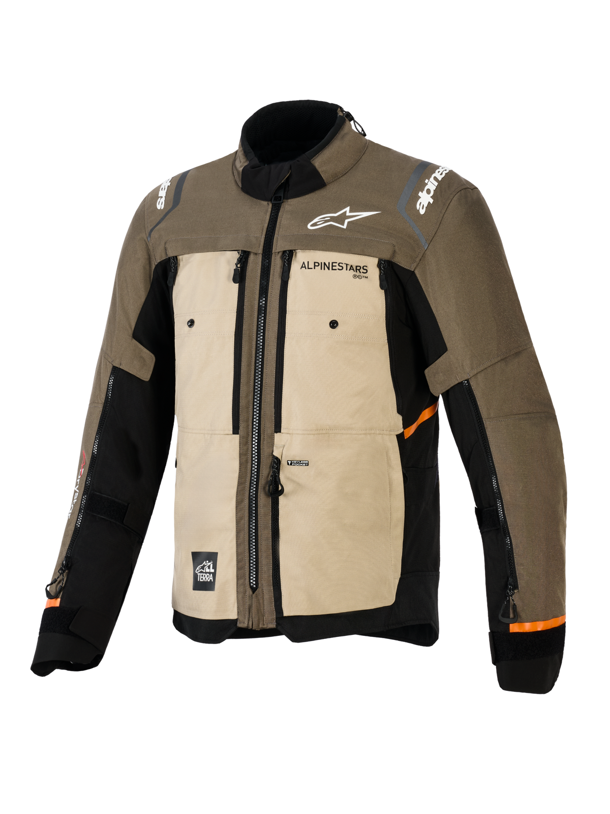 Alpinestars Cusco Drystar® Jacket, Walnut Aluminum Black, adventure touring motorjas, driekwart vooraanzicht, textielconstructie met beige en bruine panelen, ventilatieopeningen met ritssluiting, witte Alpinestars-logo's en oranje accenten op de mouwen