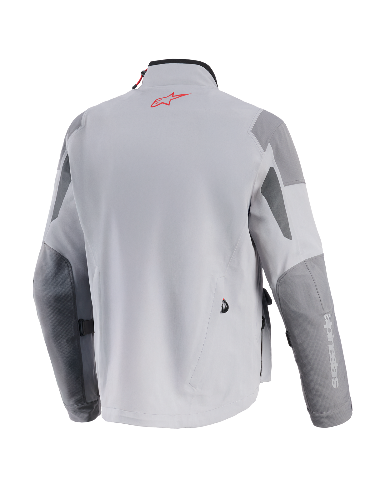 Alpinestars Maxdura Drystar®XF Gelamineerde Gepantserde Shell, adventure motorjas, middengrijs en donkergrijs, achteraanzicht met een rood Alpinestars-logo in de nek, versterkte donkergrijze panelen op de ellebogen en schouders, professionele textielconstructie.