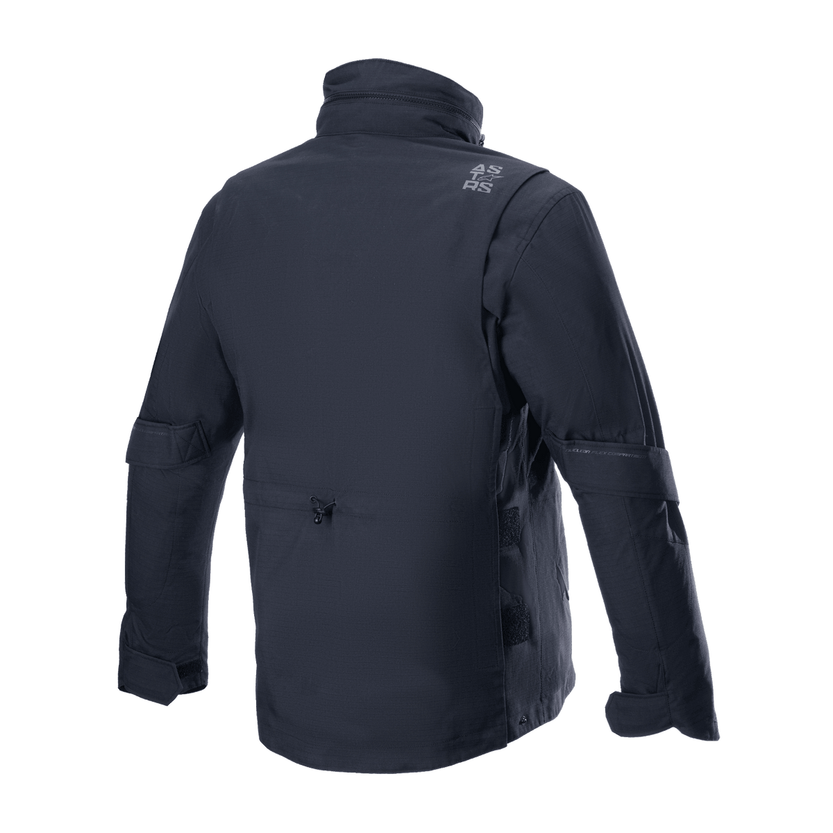 Alpinestars MO.ST.EQ Field wasserfeste Primaloft-Jacke, Schwarz, Rückansicht, moderne, von Streetwear inspirierte Motorradjacke mit Ripstop-Textilkonstruktion, hohem Kragen und dezentem grauen Branding auf der Schulter.