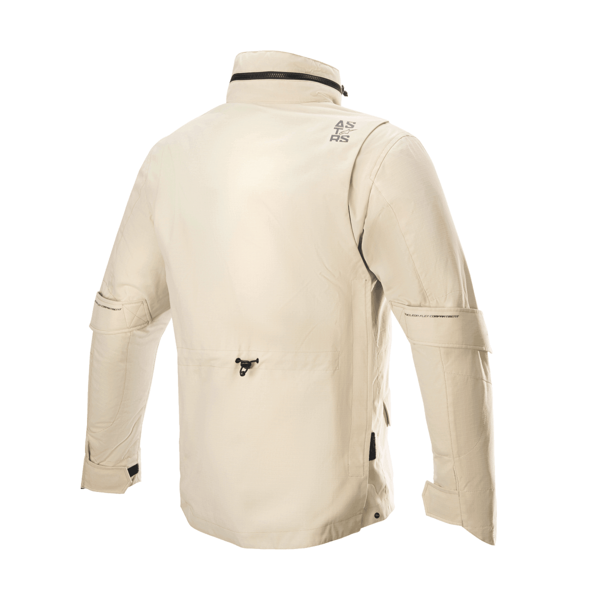 Alpinestars MO.ST.EQ Field Waterproof Primaloft Jacke, Motorradjacke, Sand Military, Rückansicht mit hohem Kragen und verstaubarer Kapuze, Ärmel-Volumenregulierungen und einer leichten Ripstop-Konstruktion im modernen Field-Jacket-Stil