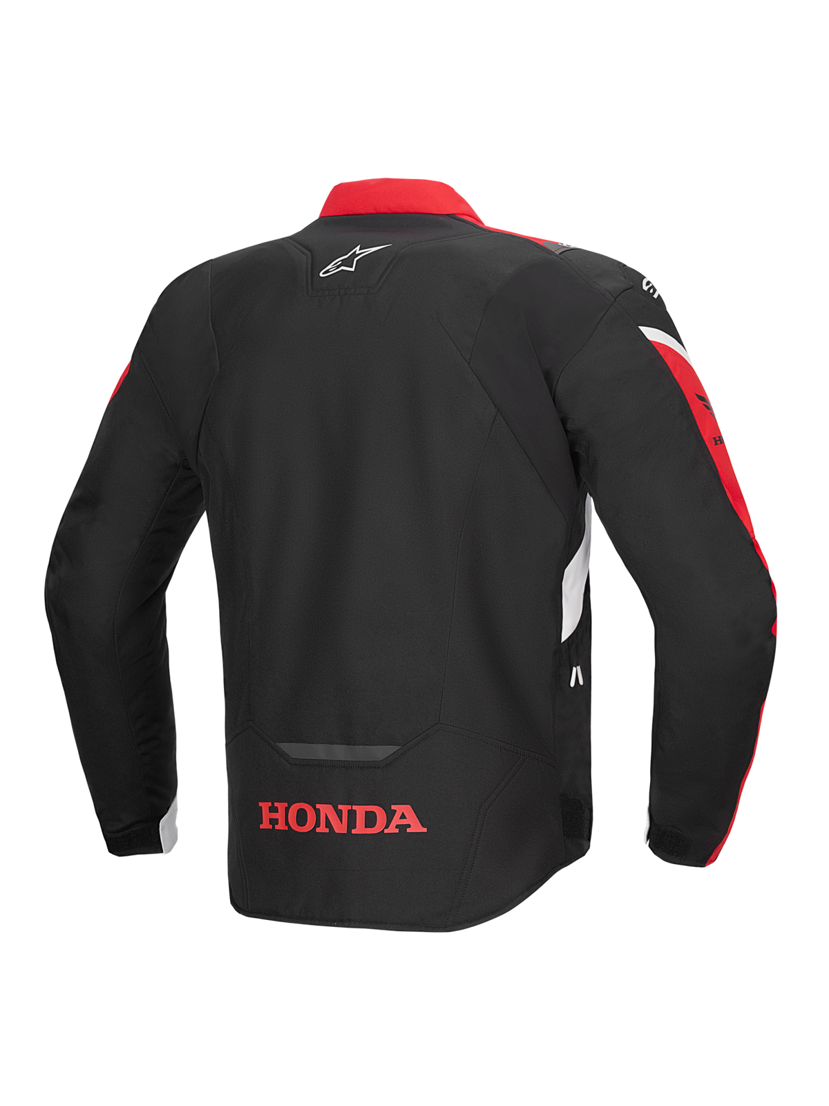 Alpinestars Honda T-Jaws V4 WP Jas, achteraanzicht, zwart met felrode en witte accenten, met een rood Honda-logo op de onderrug en het Alpinestars-sterlogo op de bovenrug, textiele sportieve motorjas met reflecterende details