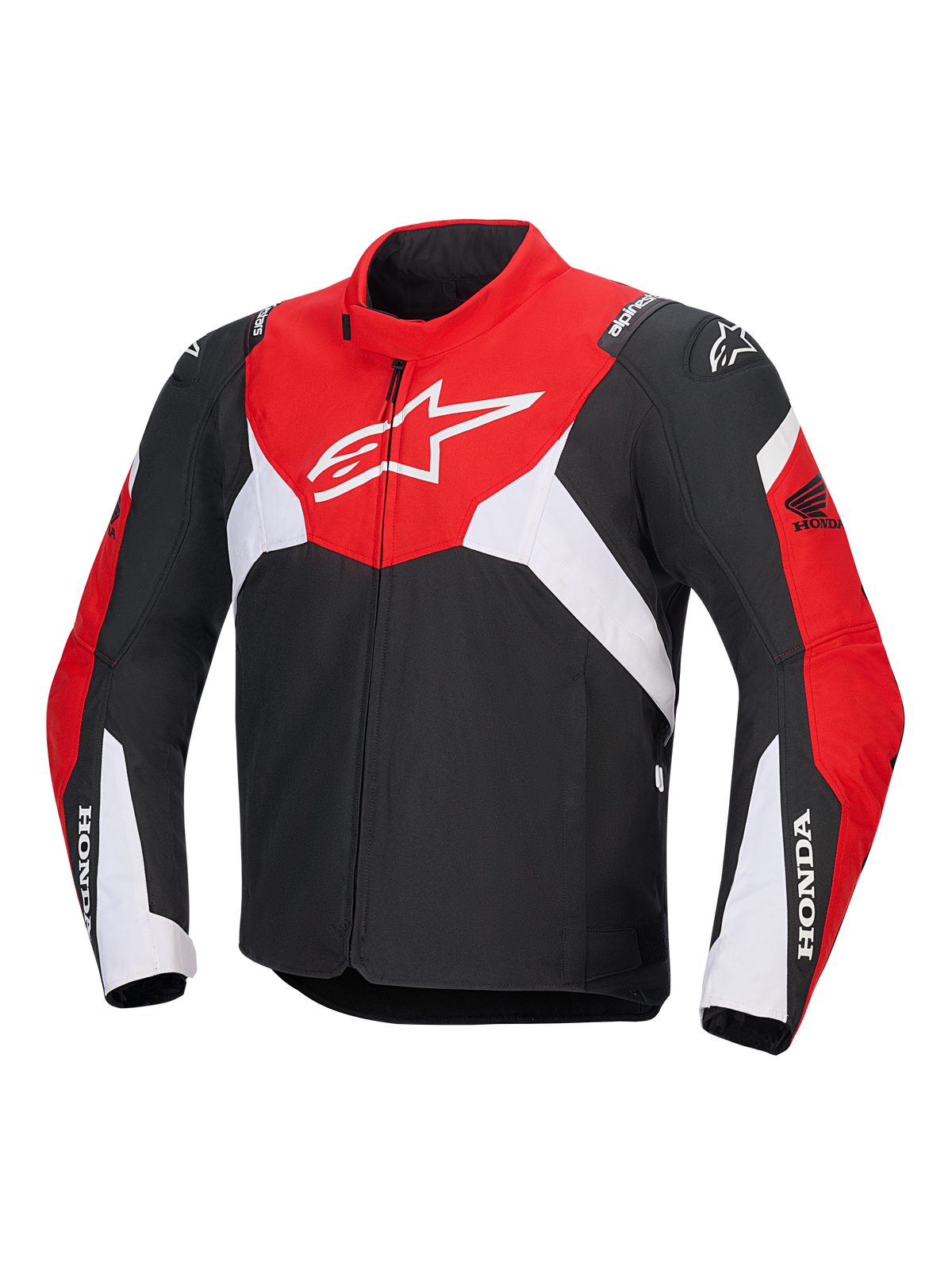 Alpinestars Honda T-Jaws V4 Wp Jacket, technische waterdichte motorjas, zwart, helderrood en wit, met een groot wit Astar-logo op de borst en Honda-branding op de mouwen, sportief ontwerp met hoge kraag en ritssluiting