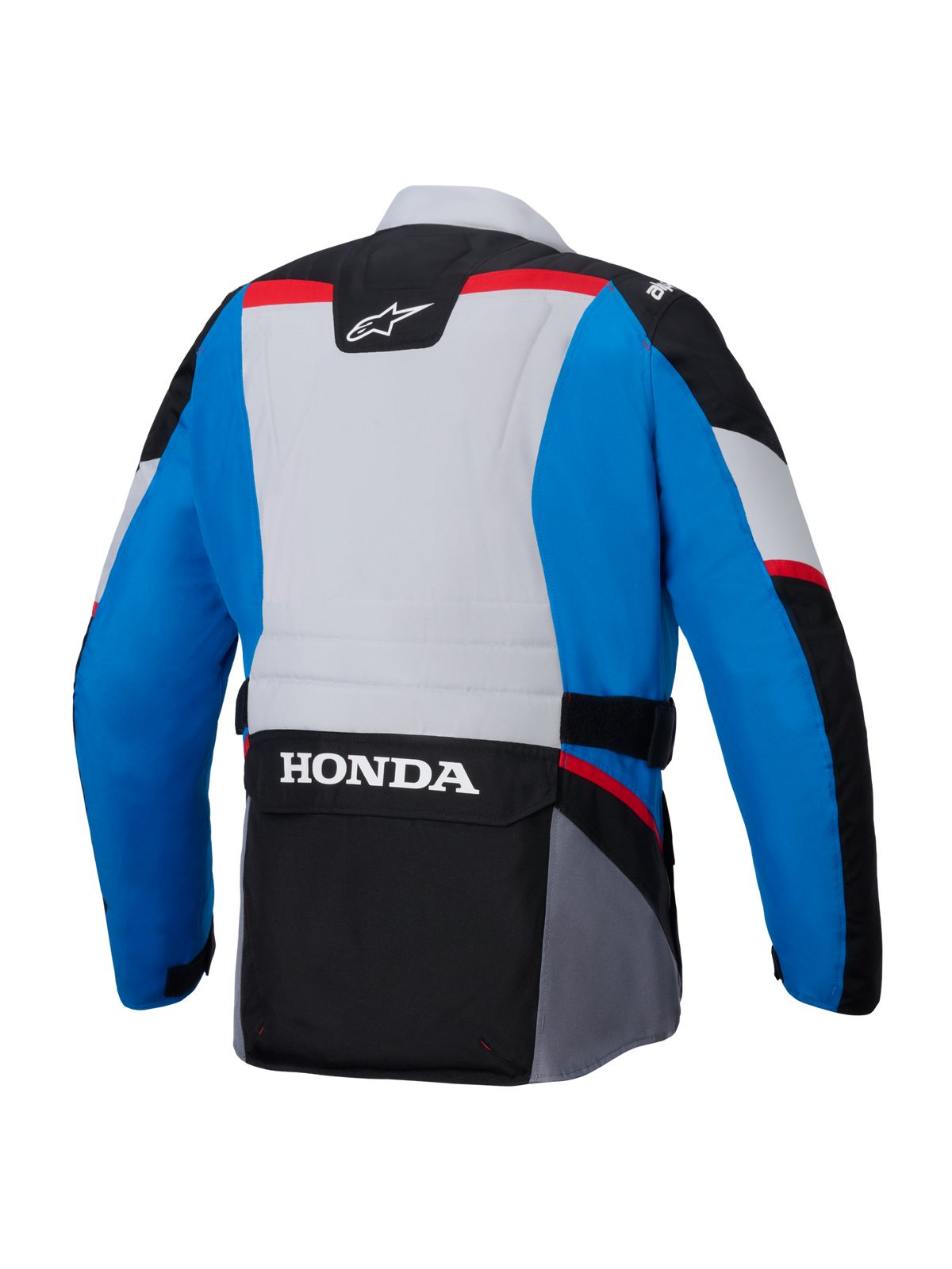 Alpinestars Honda ST-1 Wasserdichte Jacke, Rückansicht, Blau und Hellgrau mit schwarzen Einsätzen und roten Akzenten, großes weißes HONDA-Branding auf der Cargo-Tasche am unteren Rücken, Textiljacke im Adventure-Touring-Stil