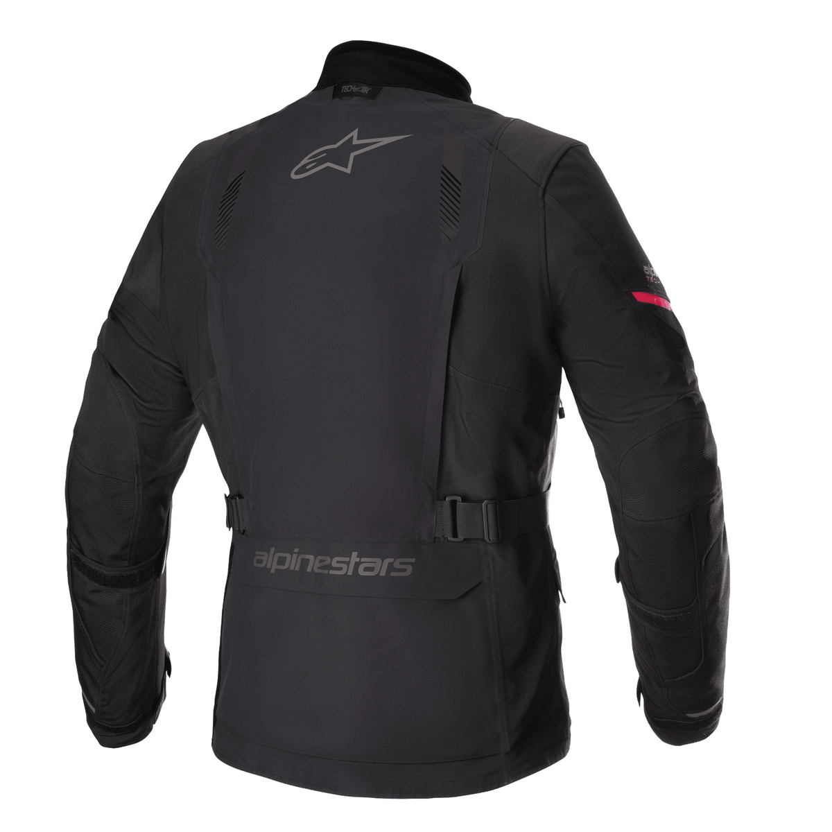 Alpinestars Monteira Drystar® XF Jacket, Adventure Touring Motorcycle Jacket, Black with Bright Red sleeve detail, rear profile showing grey Alpinestars logos, adjustable waist belt, and durable waterproof textile shell