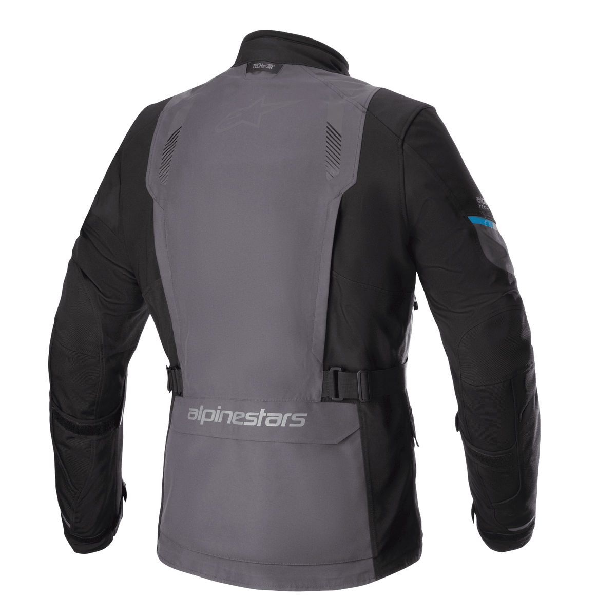 Alpinestars Monteira Drystar® XF Jacket, Adventure Touring Motorcycle Jacket, Tar Gray and Black with Methyl Blue accents, rear view showing a large gray back panel, adjustable waist straps, and Alpinestars branding on the lower back.