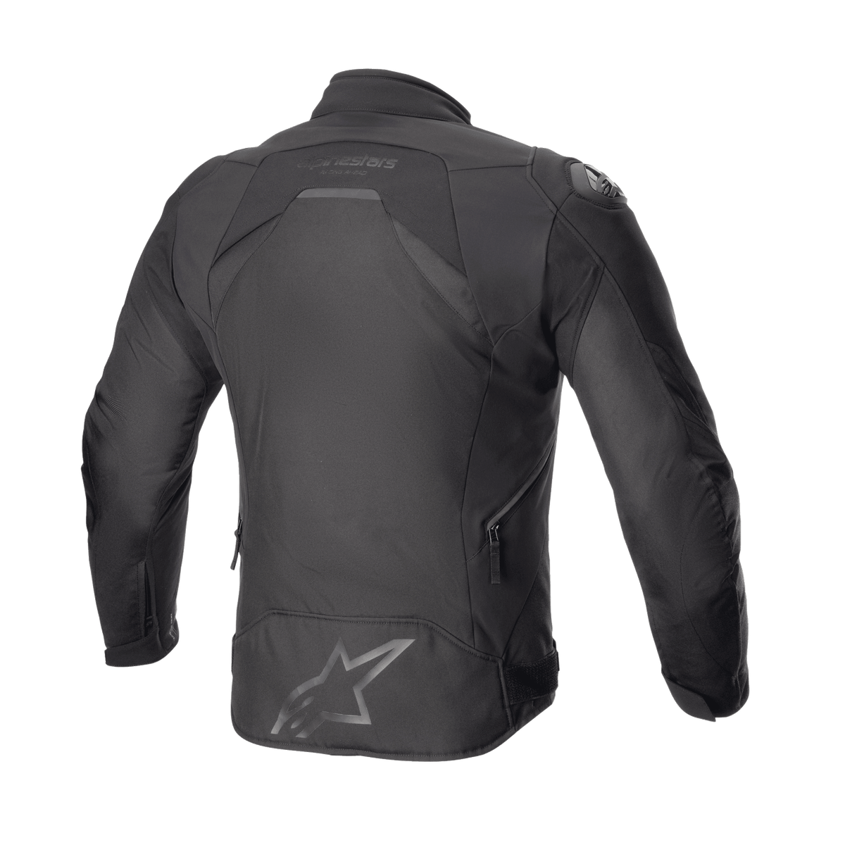 Alpinestars T-GP R V3 Drystar® Jacke, Motorrad-Sporttextiljacke, Schwarz, Rückansicht mit schlanker 3D-Sport-Silhouette, großem Stern-Logo auf dem unteren Rücken, Alpinestars-Wortmarke am Kragen und seitlichen Belüftungsreißverschlüssen.