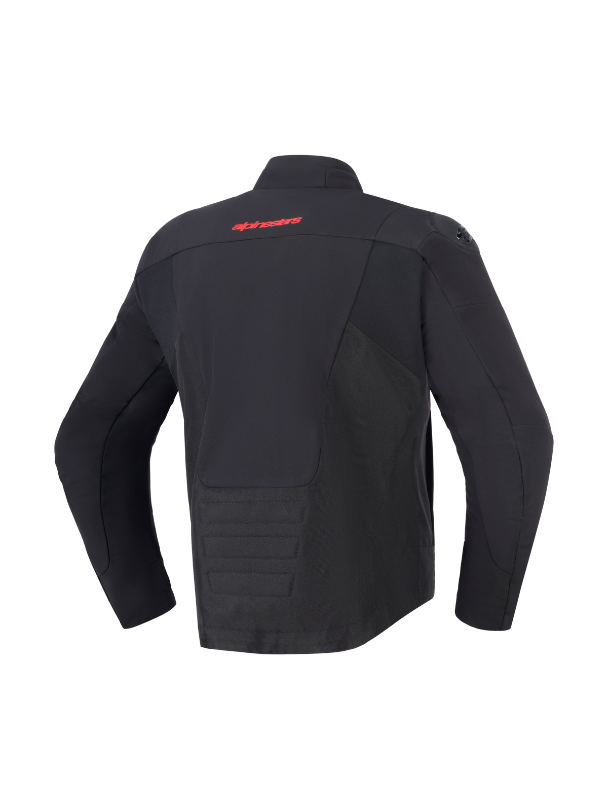 Alpinestars SMX Waterdichte Jas, zwart, achteraanzicht met rood Alpinestars-logo op de bovenrug, verlengde achterzoom voor extra bedekking, textiel- en softshell-panelen, beschermende motorkleding voor weg- en sportgebruik.