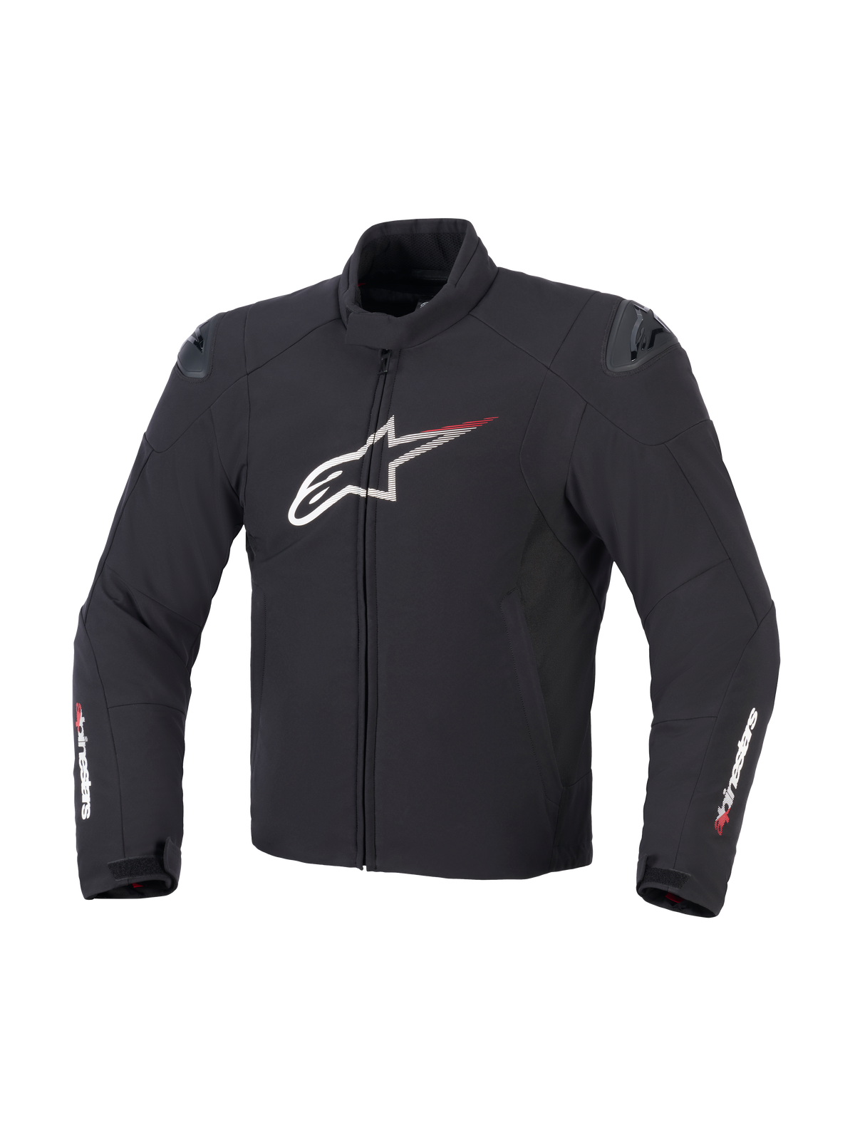 Alpinestars SMX Waterproof Jacket in zwart, wit en felrood, vooraanzicht toont textielconstructie, groot wit Astar-logo op de borst met rode snelheidslijnen, externe DFS lite schoudersliders en Alpinestars-branding op de mouwen.