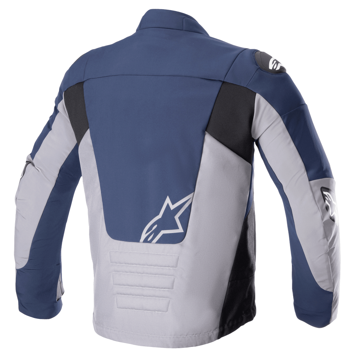 Alpinestars SMX Wasserdichte Jacke, Rückansicht, Night Navy und Dunkelgrau, mit Farbblock-Einsätzen in Marineblau und Hellgrau sowie schwarzen Akzenten, weißem Stern-Logo auf dem unteren Rücken und gepolsterten horizontalen Steppnähten.