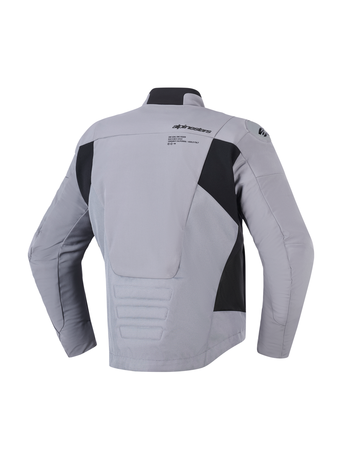 Alpinestars SMX Waterproof Jacket in Dark Gray Black, achteraanzicht toont textiel- en softshell-constructie, Alpinestars-logo en graphic op de bovenrug, zwarte zijpanelen en verlengd achterprofiel voor dekking tijdens het rijden, sportieve motorjas.