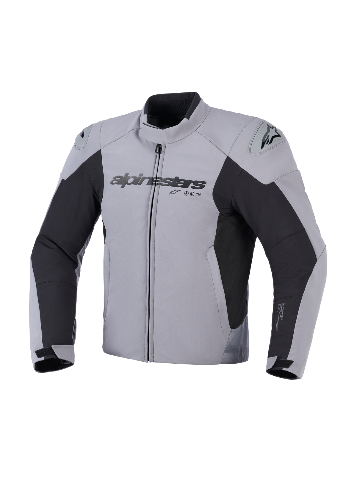 Alpinestars SMX Waterproof Jas, motorjas, donkergrijs en zwart, vooraanzicht met Alpinestars-logo op de borst en DFS Lite-schoudersliders, sportief textielontwerp voor rijden op de weg