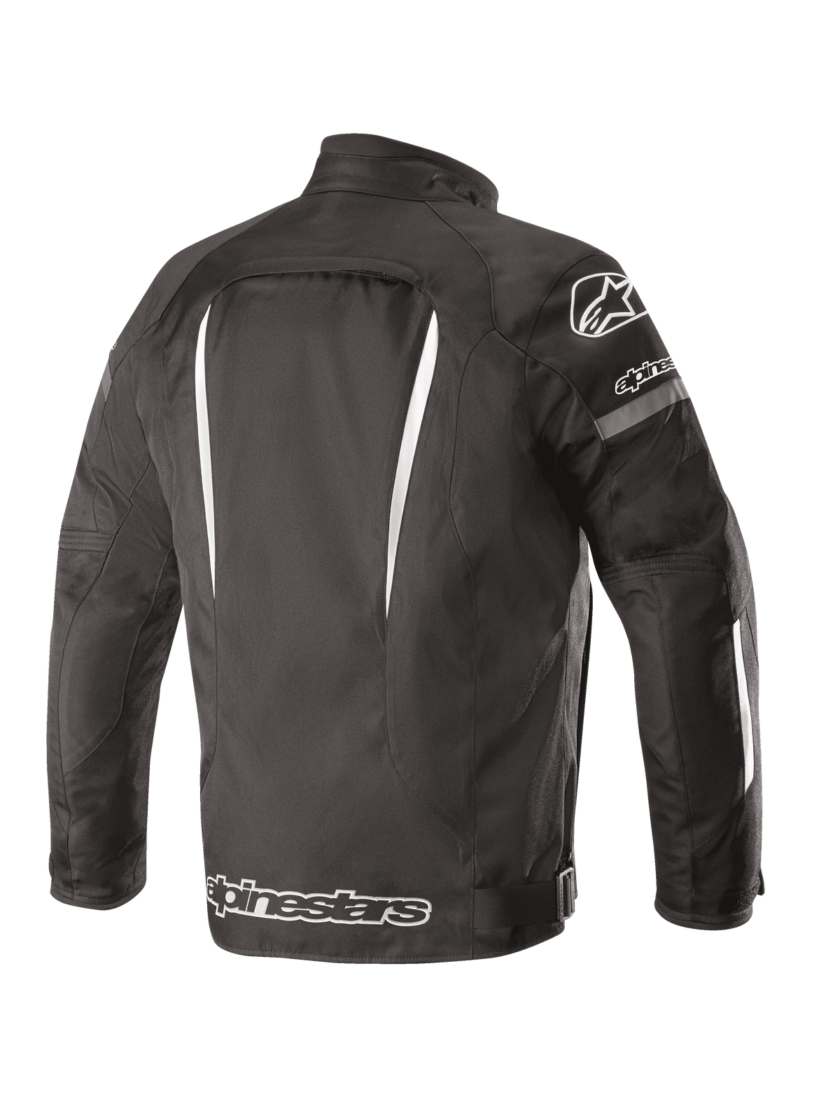 Alpinestars Gunner V2 Waterproof Jas, achteraanzicht, zwart en wit, textielconstructie met verticale witte accenten, groot Alpinestars-logo op de onderrug en A-star-logo op de schouder, urban motorkleding