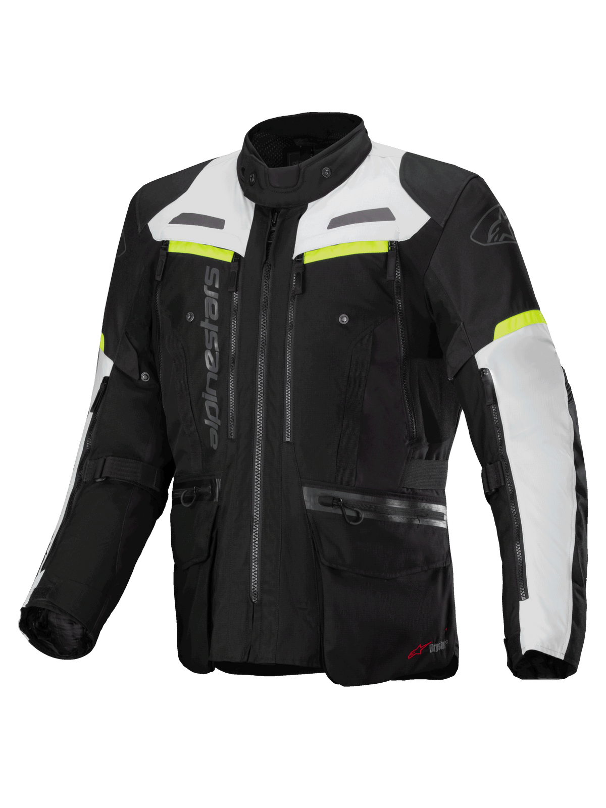 Alpinestars Bogotá Pro Drystar® jas, heren adventure touring motorjas, zwart en ijs grijs met geel fluo accenten.