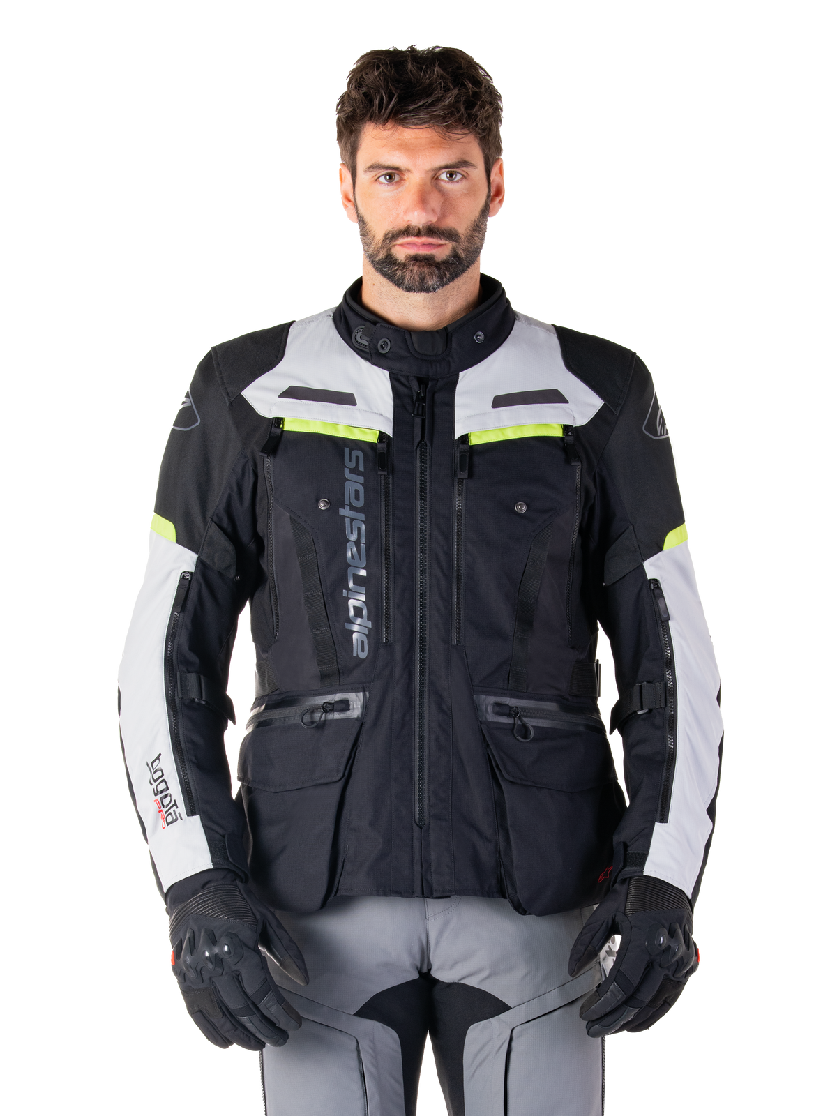 Alpinestars Bogotá Pro Drystar® jas, heren adventure touring motorjas in zwart en grijs met geel fluo accenten.