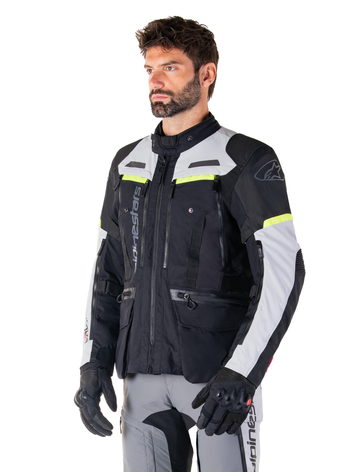 Alpinestars Bogotá Pro Drystar® jas, adventure touring motorjas voor heren, zwart, ijsgrijs en geel fluo, waterdicht.