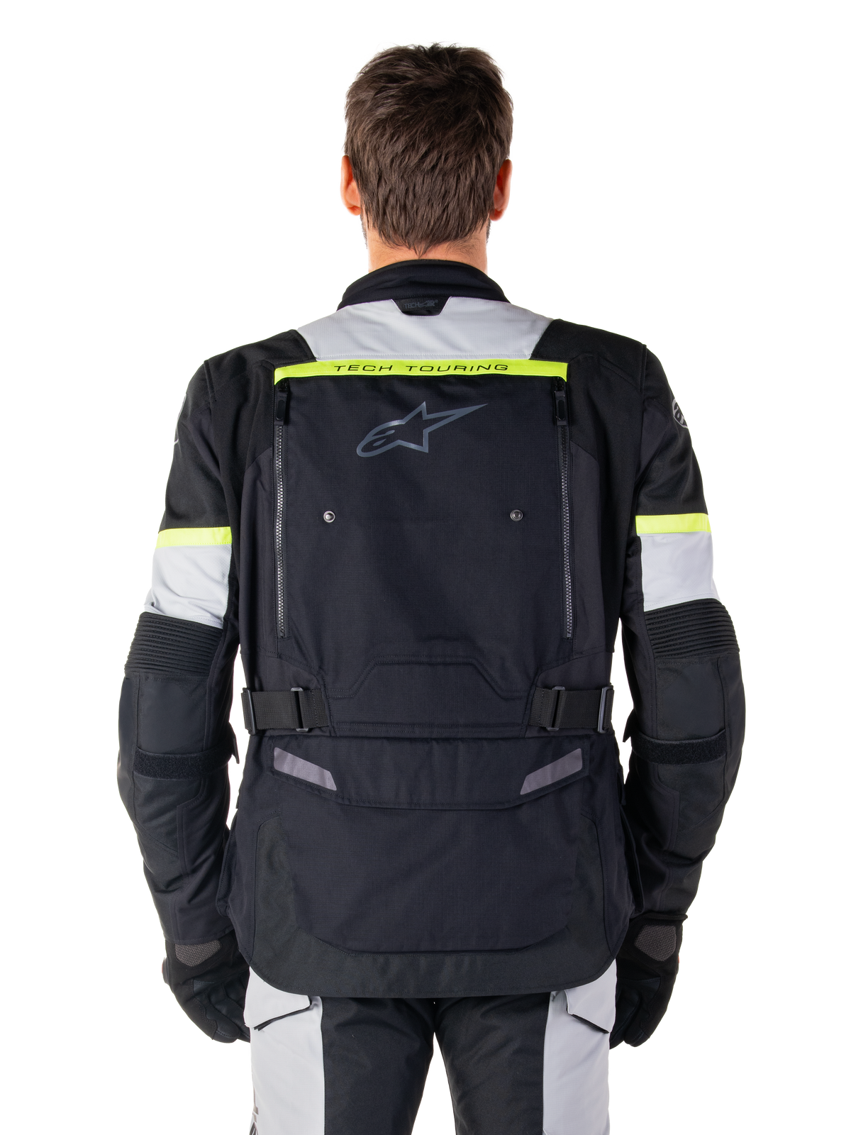 Alpinestars Bogotá Pro Drystar® Jas, heren adventure touring motorjas, zwart, grijs en geel fluo, achteraanzicht.