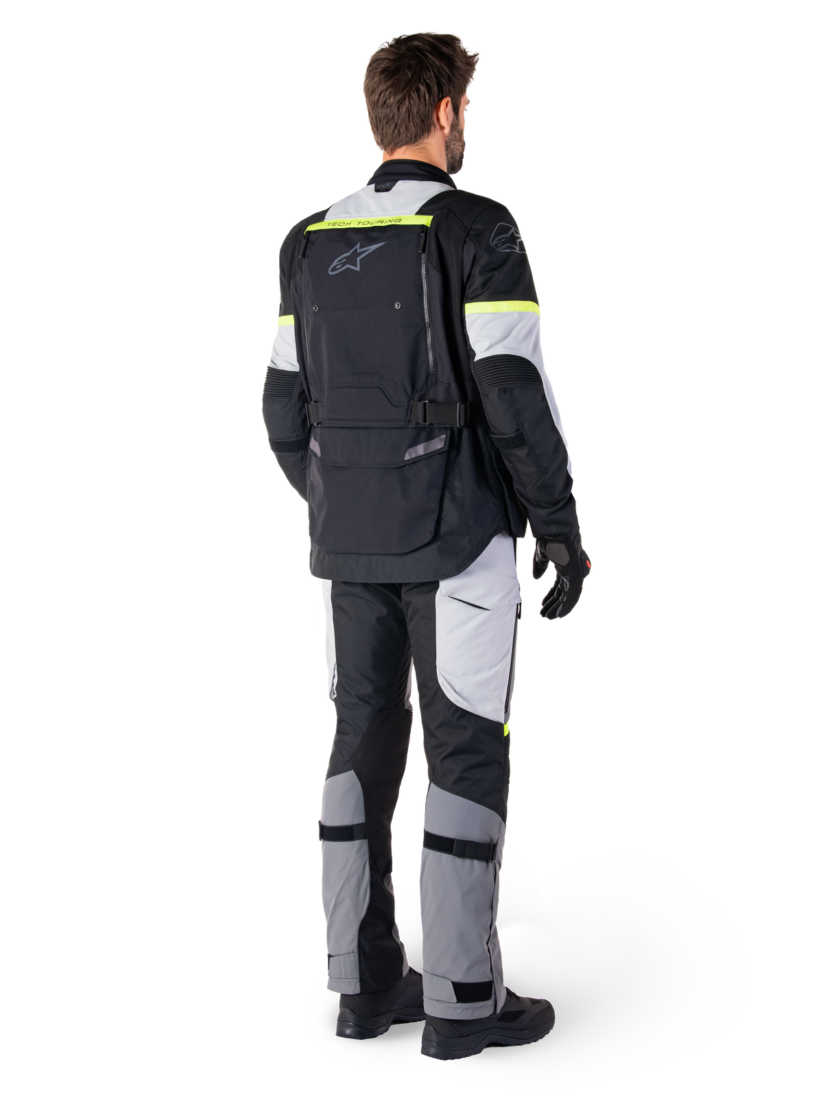 Alpinestars Bogotá Pro Drystar® jas, heren adventure touring motorjas, zwart en ijsgrijs, geel fluo, achteraanzicht.