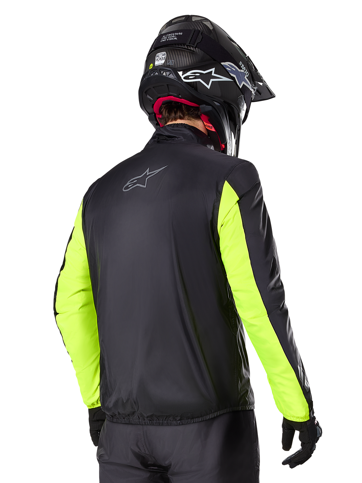 Alpinestars Bogotá Pro Drystar® jas, heren adventure touring motorjas, achteraanzicht in zwart en geel fluo.