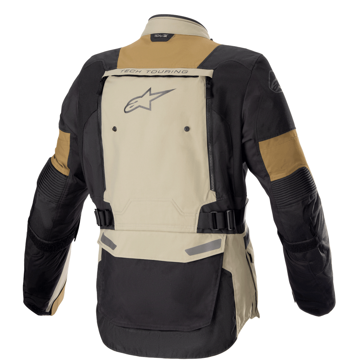 Veste Alpinestars Bogota' Pro Drystar®, veste de moto d'aventure, Vetiver Military Olive et noir, vue arrière montrant un large panneau de ventilation arrière avec marquage « TECH TOURING » et logo Alpinestars, sangles de taille réglables et construction textile durable pour le touring toutes saisons.