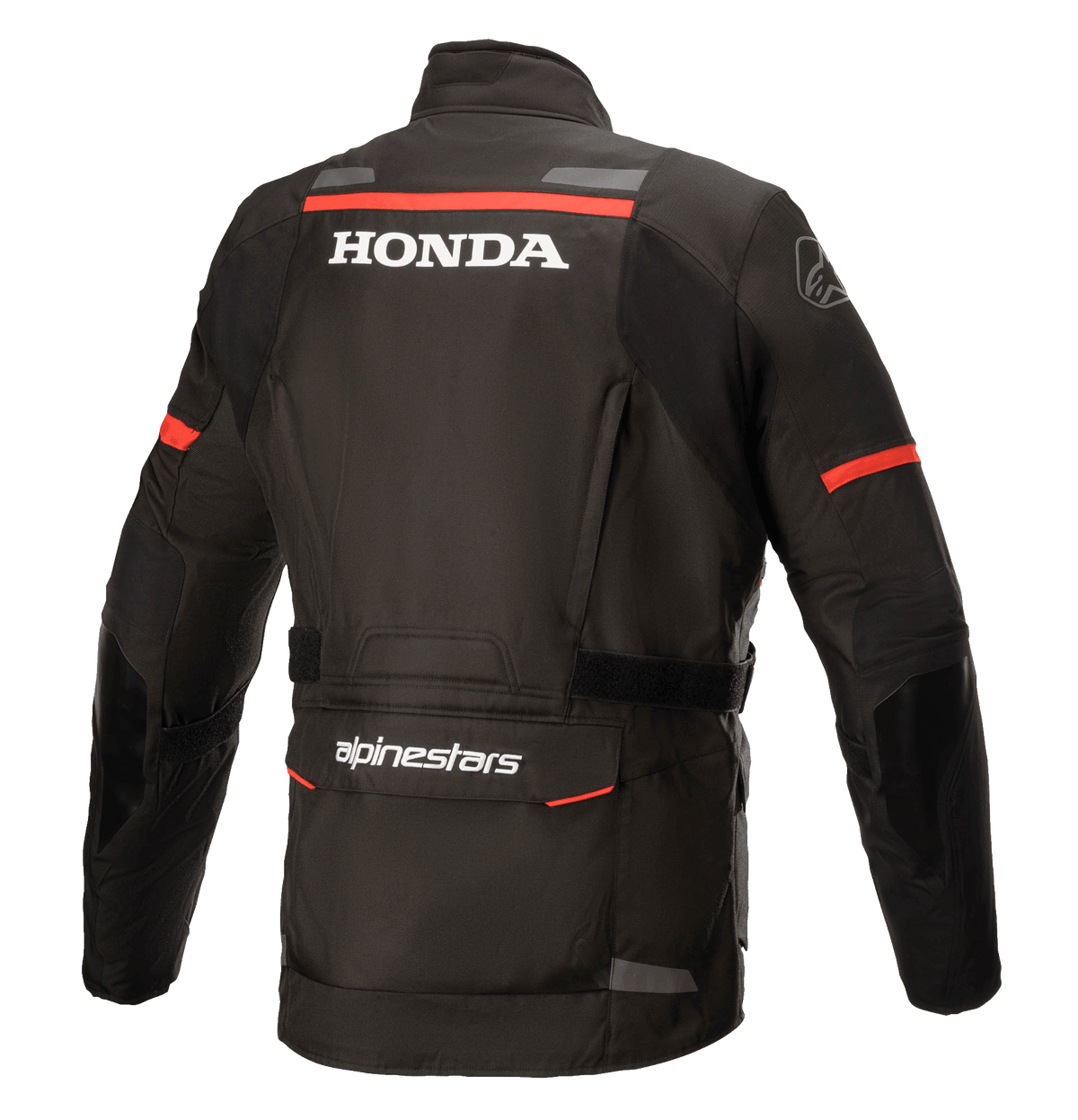 Alpinestars Honda Andes V3 Drystar® jas, zwart, achteraanzicht met witte Honda en Alpinestars logo's, rode accentstrepen op de schouders en mouwen, adventure touring motorjas met reflecterende details en een grote utility-zak aan de achterzijde.