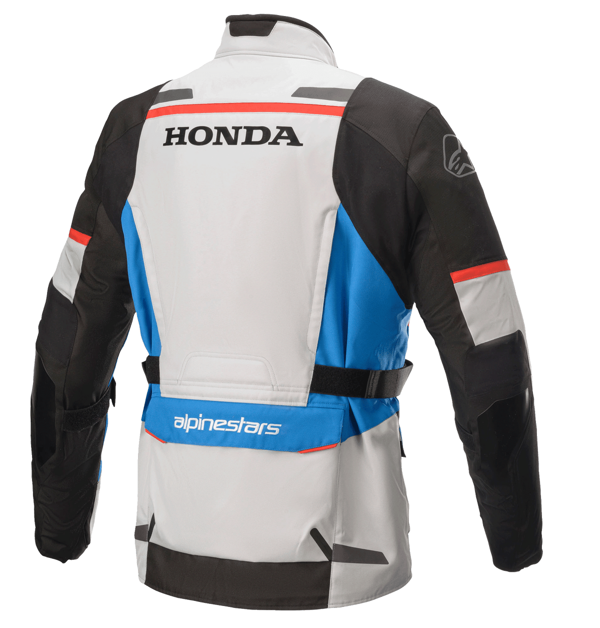 Veste Alpinestars Honda Andes V3 Drystar®, veste de touring aventure en textile, gris glacé, bleu et rouge vif, vue arrière avec logos Honda et Alpinestars, avec manches noires, accents bleus et sangles de réglage à la taille