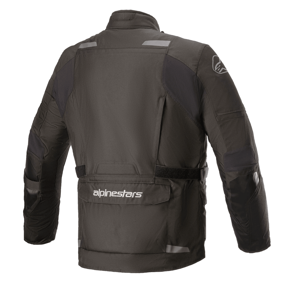 Veste Alpinestars Andes V3 Drystar®, veste de moto, noire, vue arrière présentant une grande poche utilitaire inférieure avec le marquage Alpinestars, des détails réfléchissants sur les épaules et une ceinture de taille ajustable, conception textile durable pour le touring d'aventure