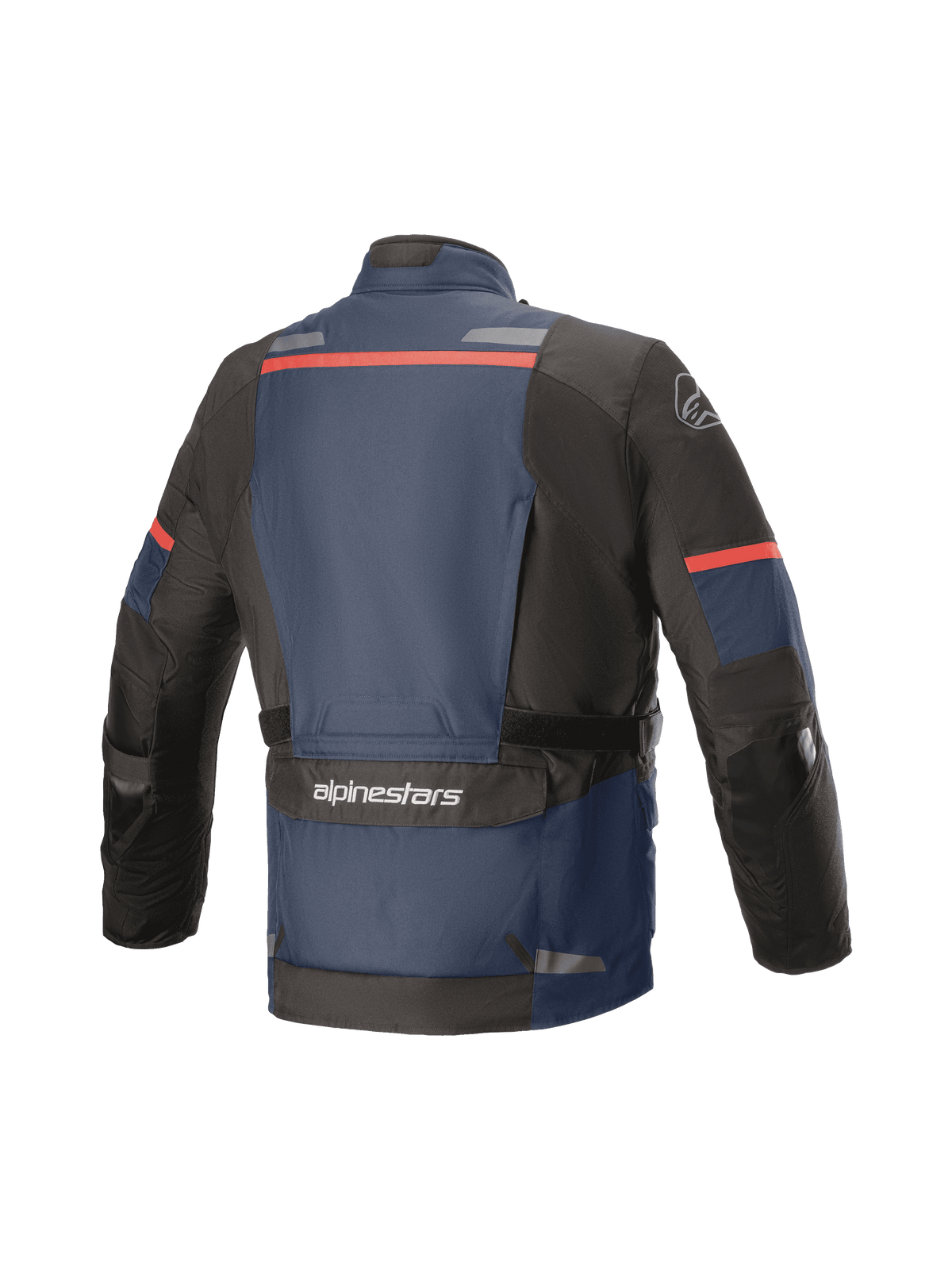 Veste Alpinestars Andes V3 Drystar®, veste de moto de touring aventure, vue arrière, bleu foncé et noir avec des accents rouges, dotée d'une grande poche utilitaire au bas du dos avec marquage Alpinestars, bandes réfléchissantes sur le haut du dos et renforts aux coudes.