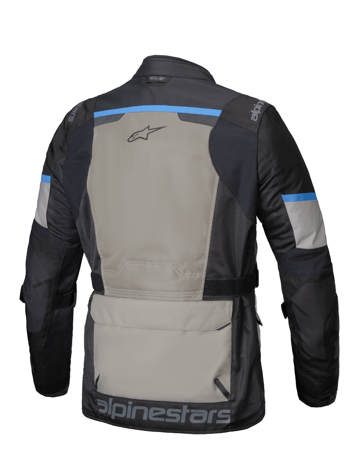 Alpinestars Andes Air Drystar® heren-motorjas, adventure touring-motorjas, achteraanzicht met uitgebreide 2D-mesh ventilatie en groot opbergvak, zwart, lauwergrijs en felblauw, CE-gecertificeerd