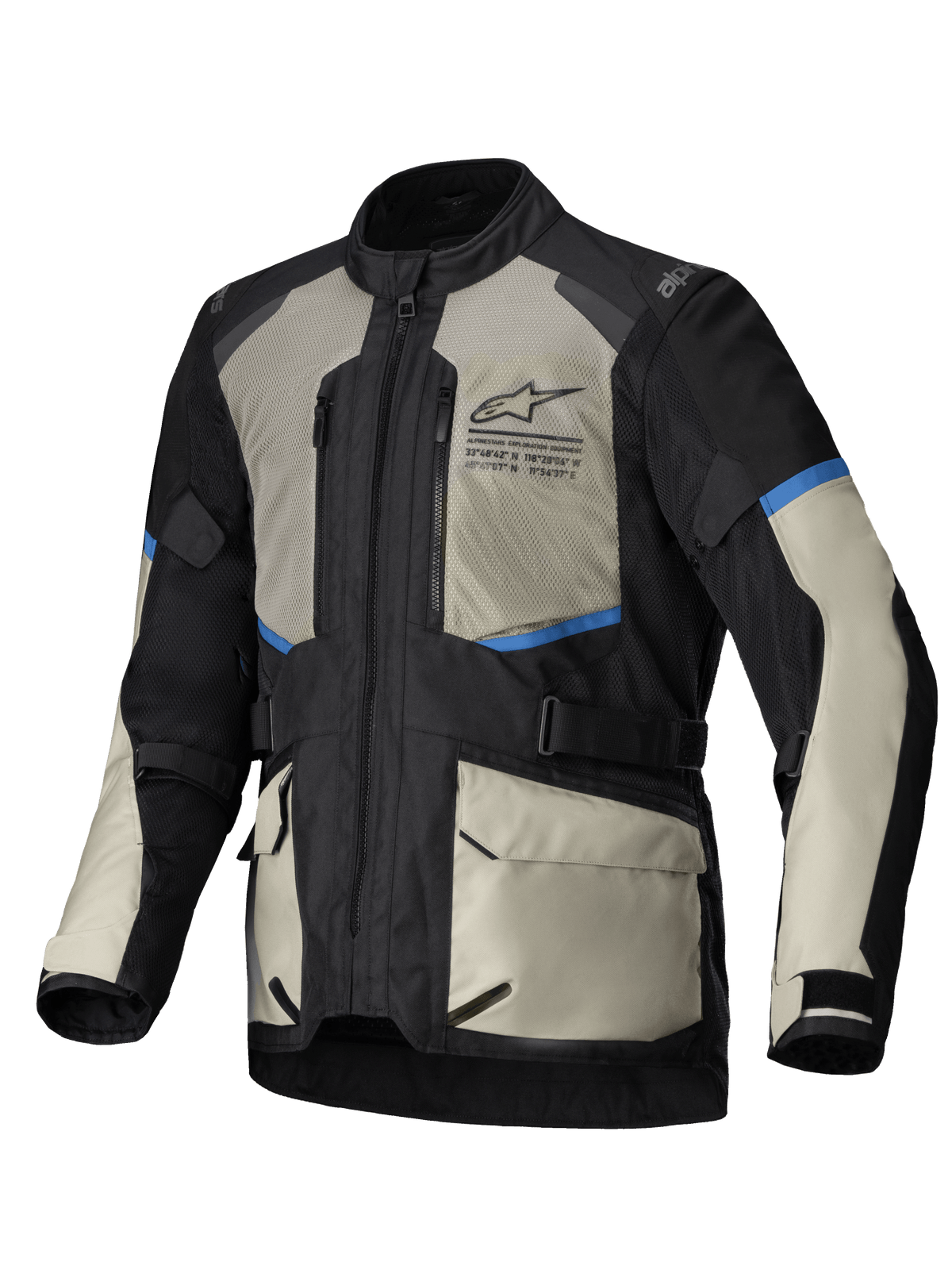 Alpinestars Andes Air Drystar Jas, heren motorjas voor avontuurlijk touring, zwart, lauriergrijs en felblauw, uitgebreide mesh-ventilatie, CE-gecertificeerd