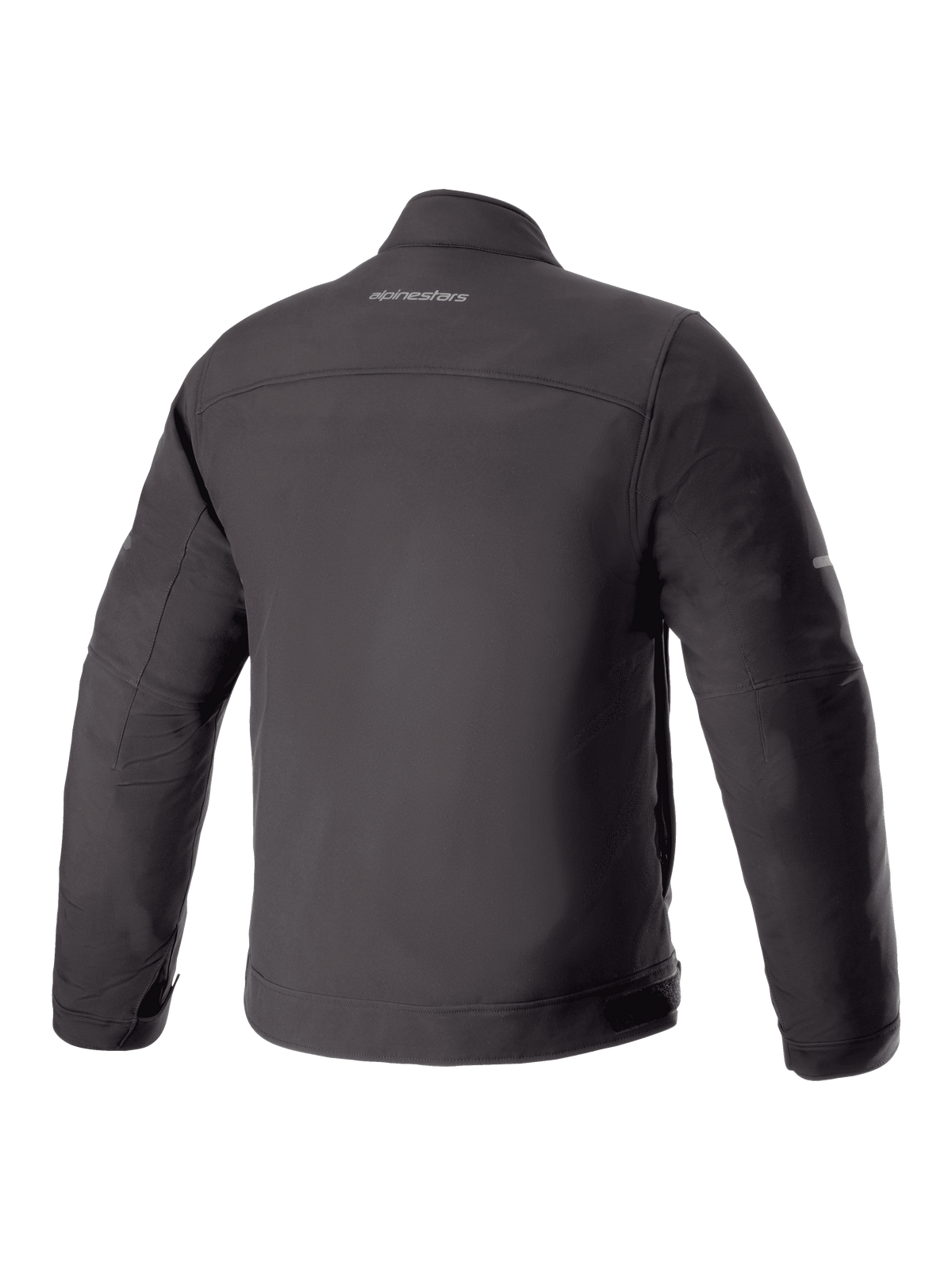 Alpinestars Husker Waterproof Jacket, motorjas, zwart, achteraanzicht voorzien van mat softshell-materiaal en gecentreerd Alpinestars-woordmerklogo op de bovenrug, stedelijk technisch ontwerp