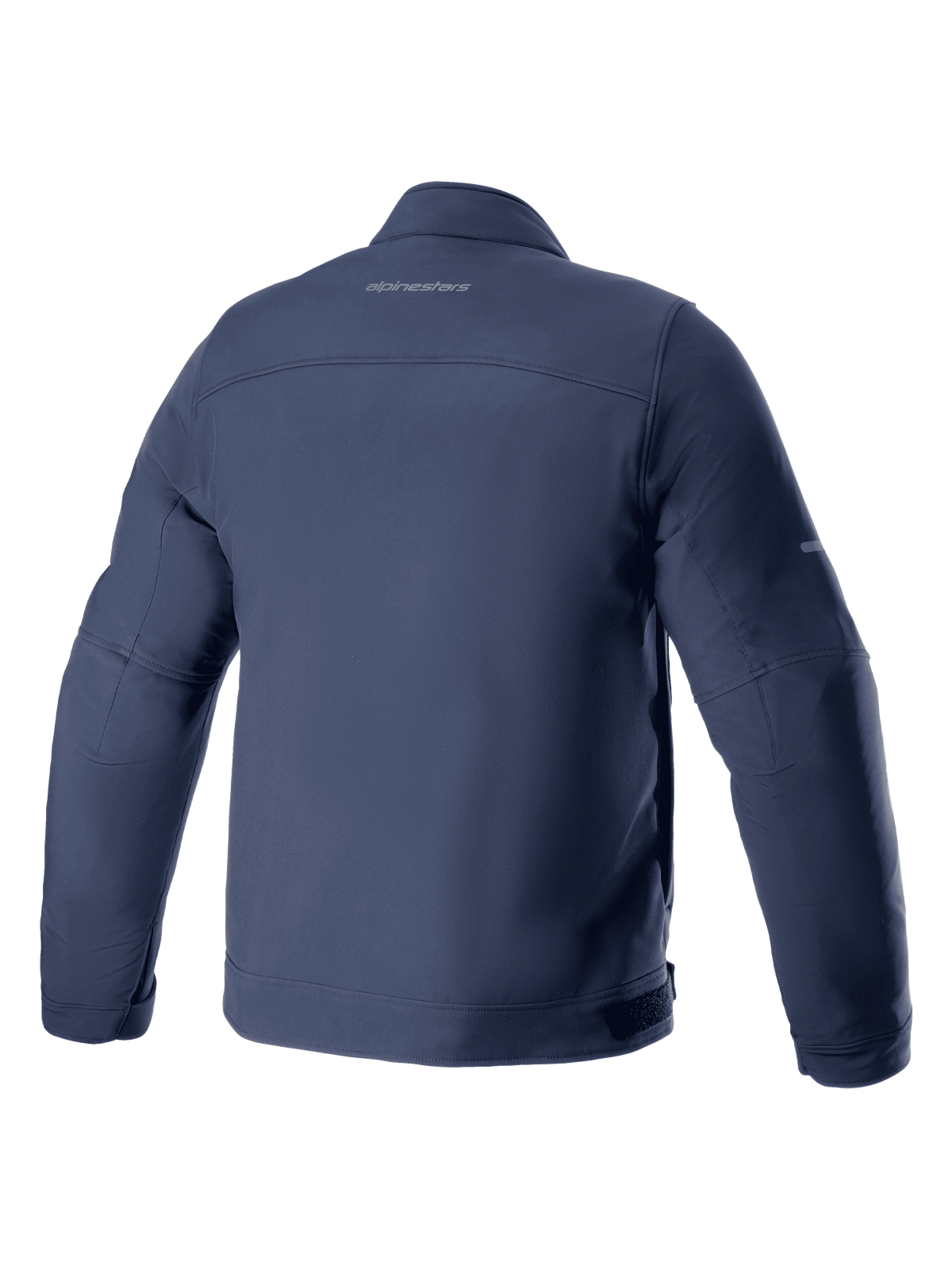 Alpinestars Husker Waterproof Jacke, Motorradjacke, Night Navy, Rückansicht, elastisches Softshell-Textil mit dezentem Branding am oberen Rücken, urbanes Styling mit wasser- und winddichten Eigenschaften